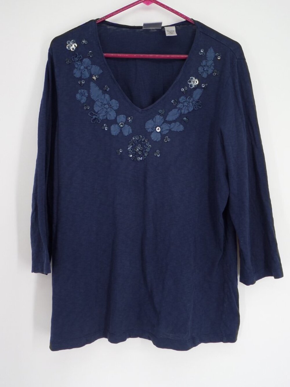 Chico's  Women's 3/4 Sleeve Fall Navy Blue With Applique Flowers  Size 3 US XL